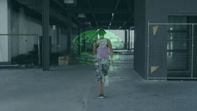 Woman running down hall for fitness, motion causing green brain overlay tracking and intensifying. Runner, athletic, corridor, warehouse, industrial, digital, glyphs - Powered by Shutterstock - Get 15% off with code: PIKWIZARD15
