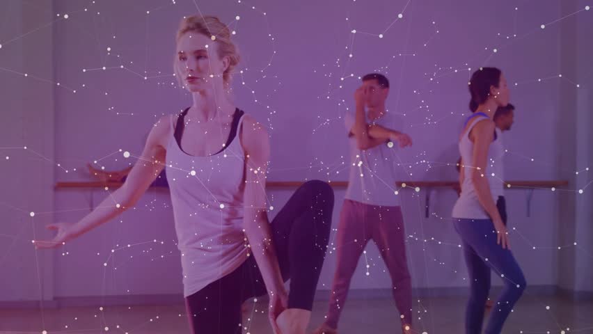 Lead dancer raising leg and holding pose, group rehearsing dance near mirror with HUD over dancers. Barre, studio, ensemble, balance, movement, choreography, overlay