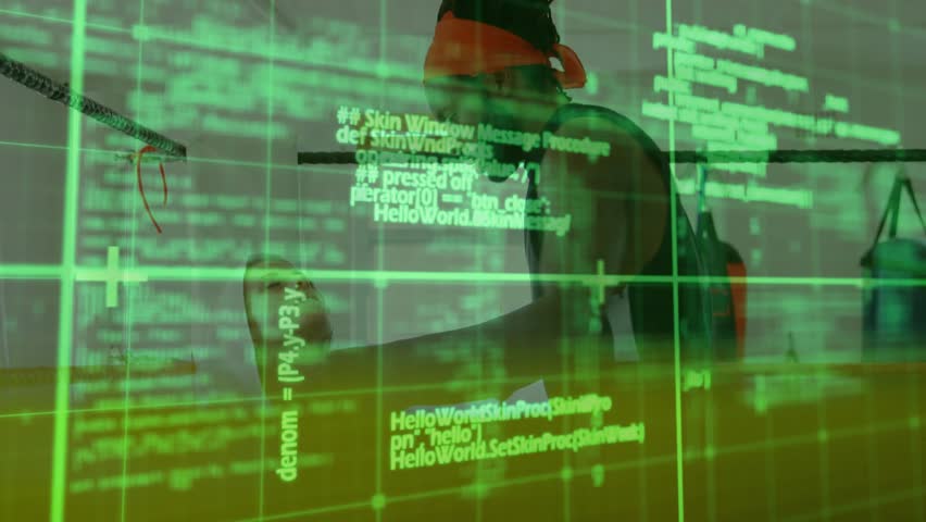 Trainer offering object, causing athlete tilting head, opening mouth in boxing, green grid shifting. Ring, gym, sparring, coach, training, augmented, focus