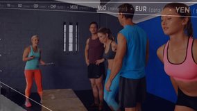 Coach signaling set end, group high-fiving, pink woman facing lens, finance data overlaying group. Dynamic, vibrant, gym, studio, fitness, training, instructor - Powered by Shutterstock - Get 15% off with code: PIKWIZARD15