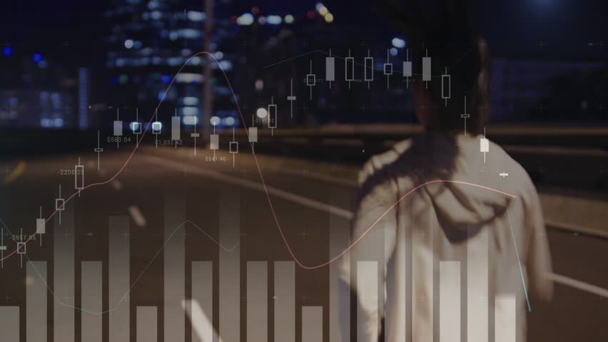 Female runner starting toward city skyline, training, with financial bar charts tracking runner. Night, urban, solitary, motion, street, lamppost, data