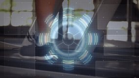 Feet stepping onto belt starting spinning HUD, two runners pacing while HUD tracking fitness data. Treadmill, gym, sneakers, partners, motion, futuristic, overlay - Powered by Shutterstock - Get 15% off with code: PIKWIZARD15