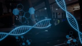 Male lower body stepping onto treadmill, initiating holo DNA overlay shifting for fitness analysis. Gym, cardio, athlete, stride, walk, holographic, digital - Powered by Shutterstock - Get 15% off with code: PIKWIZARD15