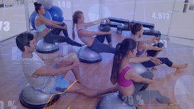 On cue group leaning back, rotating torsos on BOSU trainers for core fitness, charts overlaying. Studio, gym, teamwork, twist, dome, mirrors, hardwood - Powered by Shutterstock - Get 15% off with code: PIKWIZARD15