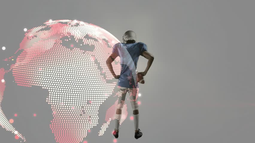 Player raising right arm with ball, sparking pixel globe and tech rings circling body for ads. Athlete, football, silhouette, studio, holographic, futuristic, neon