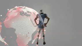Player raising right arm with ball, sparking pixel globe and tech rings circling body for ads. Athlete, football, silhouette, studio, holographic, futuristic, neon - Powered by Shutterstock - Get 15% off with code: PIKWIZARD15