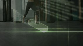 Female boxer landing step by heavy bag, training footwork and hits while overlays forming helix. Boxing, gym, athlete, movement, dynamic, holographic, digital - Powered by Shutterstock - Get 15% off with code: PIKWIZARD15