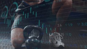 Man kneeling adjusting grip and lifting kettlebell, training while finance charts moving over chest. Fitness, gym, workout, athlete, muscular, shoulders, overlay - Powered by Shutterstock - Get 15% off with code: PIKWIZARD15