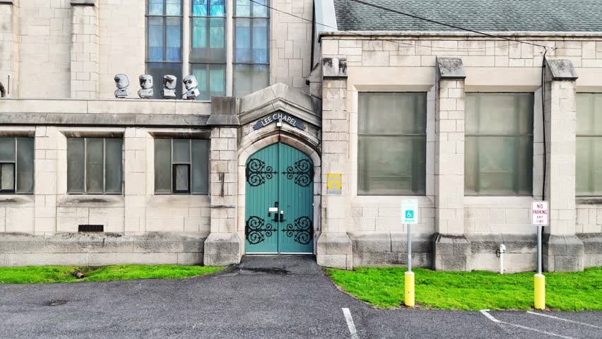 Slowly withdrawing from the entrance of a church
