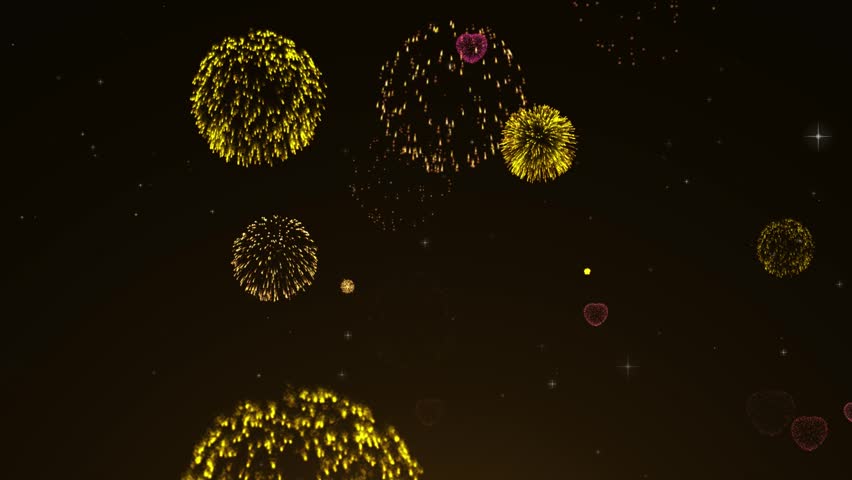 Golden fireworks burst celebration. Fireworks soar with bokeh lights in the night.  Glowing fireworks show. Digitally generated video for Christmas, New Year, celebration, party, tradition concept.