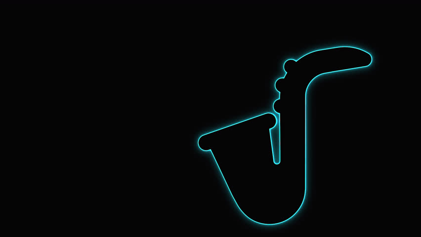 A flickering neon blue saxophone symbol glowing on a black background with alpha. Suitable for music promos, jazz visuals, concert graphics, streaming overlays, creative intros, and digital UI project