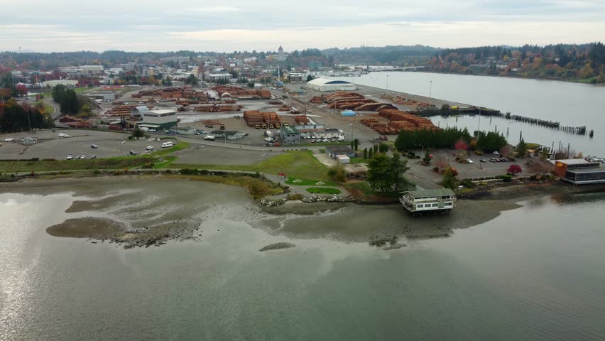 US, WA, Olympia, 2025-10-31 - Drone view of the Port of Olympia with the Capital building in the distance