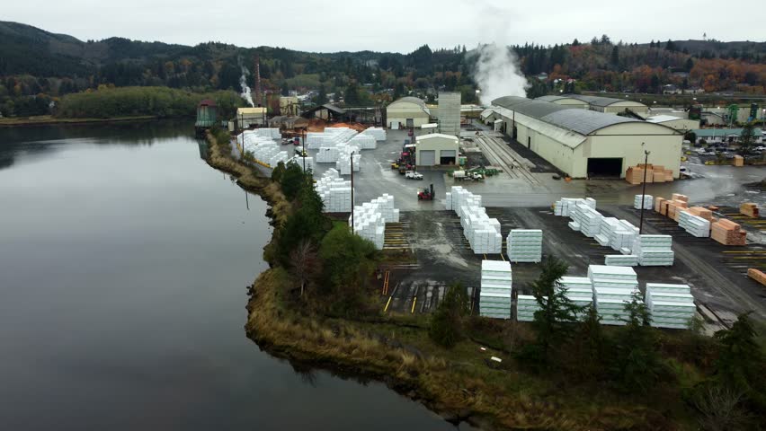 US, WA, Raymond, 2025-10-28 - Drone view of the Weyerhauser Lumber plant along the Willipa River