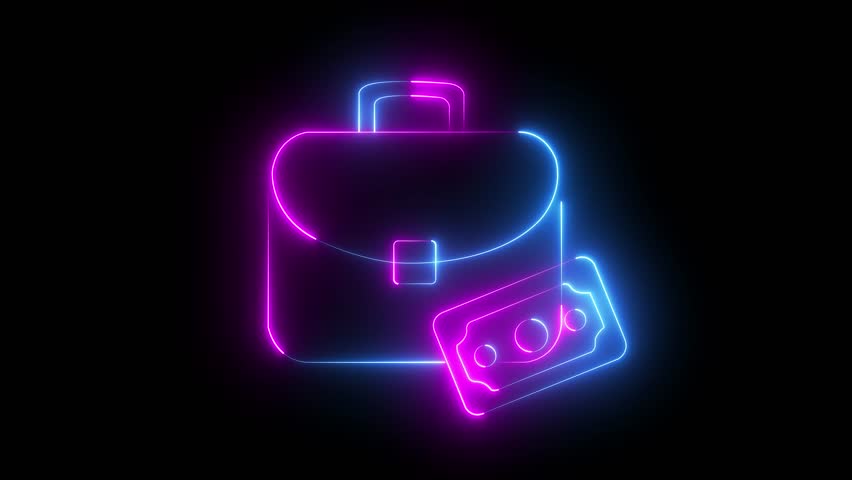 Neon light effect animation of a portfolio icon with a banknote ,Neon glowing cyan briefcase icon, work bag symbol animation, business icon loop, on black background	