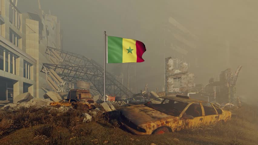 The ruins of war are covered in dust while the Senegal flag of independence flies above the rubble. Loop background 4K