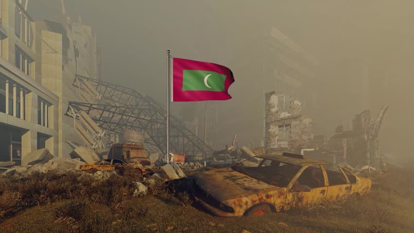 The ruins of war are covered in dust while the Maldives flag of independence flies above the rubble. Loop background 4K