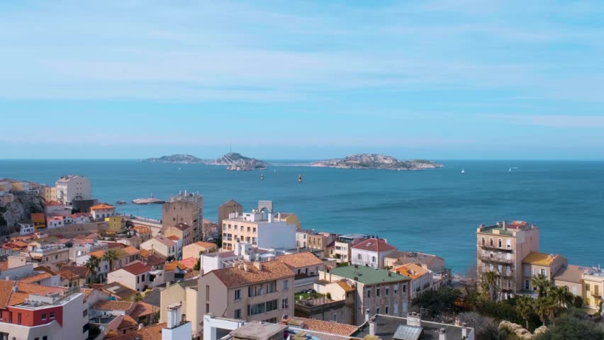 Panoramic view of Marseille overlooking the sea, the Frioul Islands, and the Château d’If
