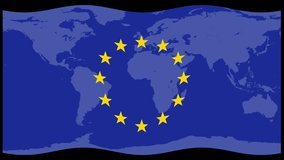 Animated red striped bar graph declining over European flag and world map, flat vector style. - Powered by Shutterstock - Get 15% off with code: PIKWIZARD15