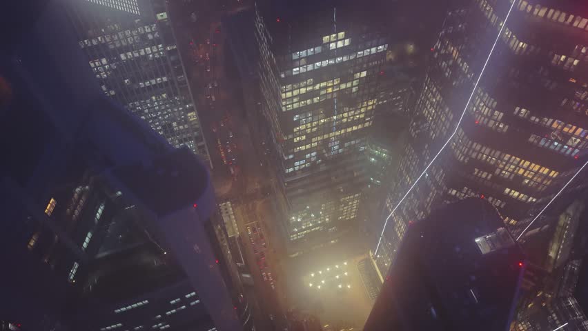 Aerial footage showing Omniturm and illuminated skyscrapers of Frankfurt