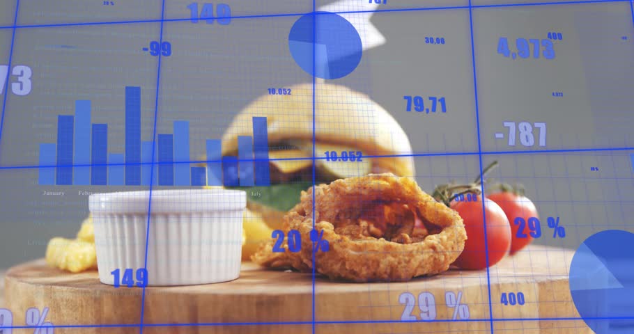 Camera pulling back, burger centering, blue charts rising, percent labels updating, showing sales. Stilllife, platter, sandwich, onionring, fries, ramekin, tomatoes