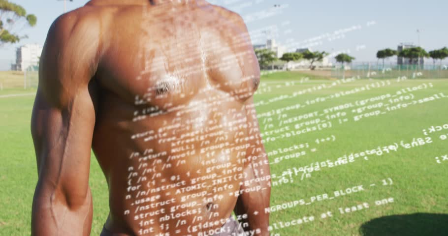 Man adjusting grip doing dumbbell lift on field code overlay partly obscuring him for fitness. Athlete, outdoor, sunlit, grass, weights, strength, focus