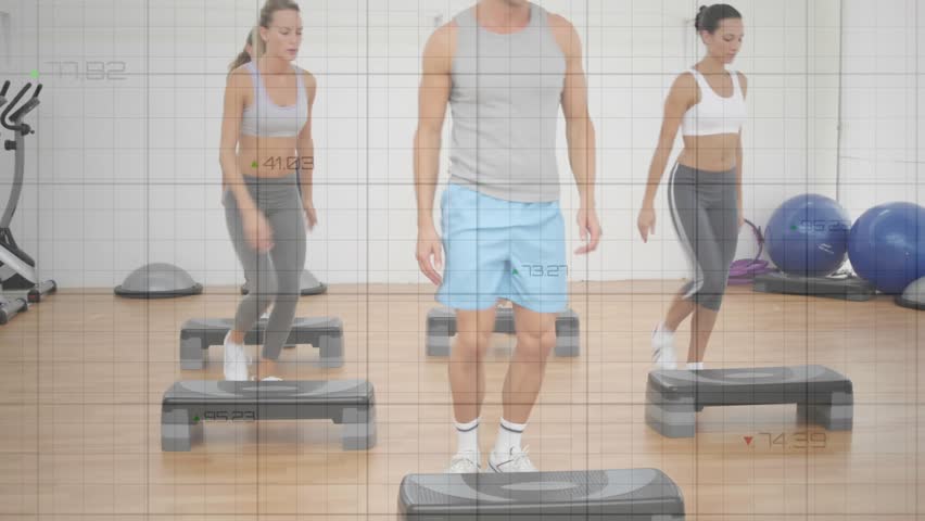 Instructor cueing step class for cardio, group following while faint grid and red line tracking. Trainer, aerobics, platforms, studio, choreography, movement, teamwork