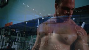 Man initiating dumbbell curl in gym, lifting arm while analytics overlay showing training metrics. Athlete, strength, focus, visualization, data, fitness, hightech - Powered by Shutterstock - Get 15% off with code: PIKWIZARD15