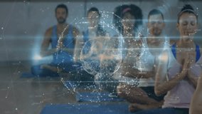 Yoga participants sitting on mats holding prayer while animated globe appearing guiding meditation. Mindfulness, group, studio, wellness, calm, serenity, focus - Powered by Shutterstock - Get 15% off with code: PIKWIZARD15