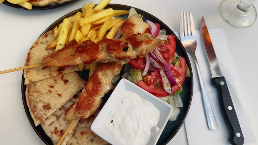 Greek pita, chicken souvlaki, green salad with fresh vegetables, French fries, and tzatziki sauce. Greek cuisine. High quality 4k footage