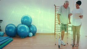 Man shifting into walker doing gait for balance rehab PT helping animated chart updating per step. Elderly, mobility, rehabilitation, therapy, clinician, gym, assistive - Powered by Shutterstock - Get 15% off with code: PIKWIZARD15