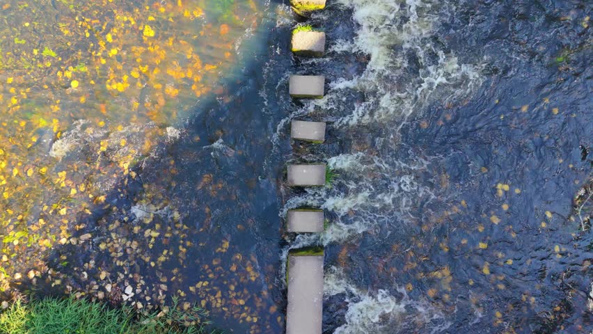 Above View Of Stepping Stones At Islas de Gres (Illas de Gres) In Lugar Ponte, Boqueixón, A Coruña, Spain. Aerial Topdown Shot