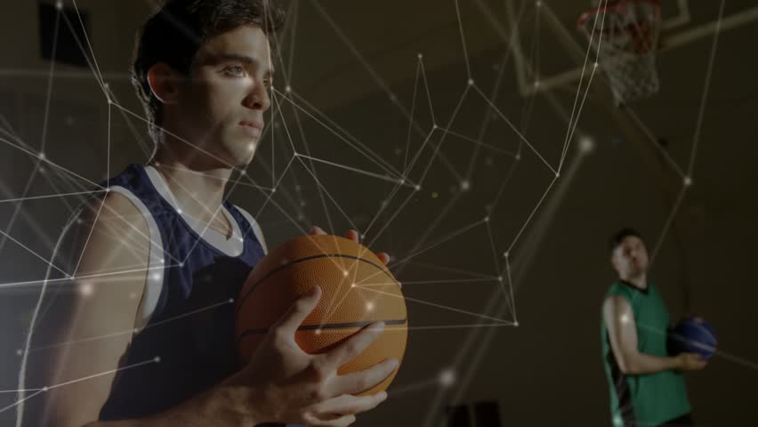 Camera moving player holding ball eyes opening watching mate dunking network weaving for practice. Basketball, court, gym, athletes, hoop, overlay, lighting