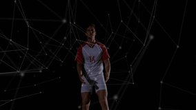 Male soccer player tracking incoming ball to intercept, leaping and striking as particles wrap. Athlete, motion, jump, studio, dark, neon, digital - Powered by Shutterstock - Get 15% off with code: PIKWIZARD15
