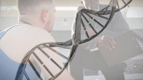 Coach leaning, speaking with clipboard, guiding athlete in sports training while DNA helix drifting. Oneonone, mentor, athletic, arena, bleachers, backlit, silhouette - Powered by Shutterstock - Get 15% off with code: PIKWIZARD15