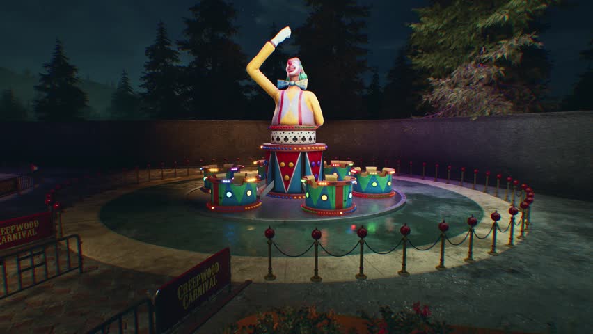 A photorealistic 3D CGI scene of a brightly lit carnival or amusement park set in a dramatic dark night. Features large Ferris Wheels, Carousels, and Circus Tents under intense, colorful lighting. Ideal for horror, fantasy, music videos, and high-end game environment settings.