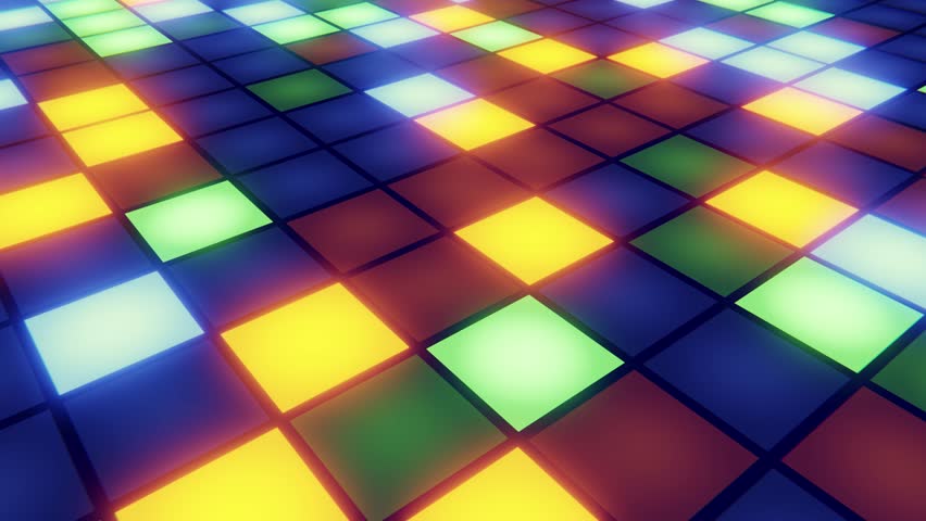 Colorful glowing squares on a dance floor create a vibrant and energetic background. Seamless loop.