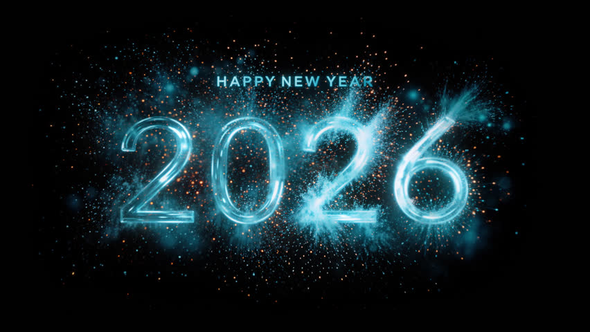 Happy New Year 2026 3D animation, beautiful glass digits with elegant stroke animation explode with glowing particles and smoke, reveal from black background one by one, blue and orange sparks.