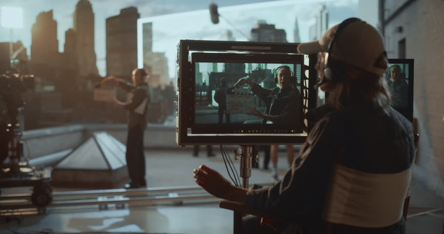 EDITED Movie Filming Concept with Finished Film: Crew Shooting Rooftop Exchange Between Two Male Criminals Handling Secret Envelope Followed by Gun Standoff Scene. Virtual Production Movie Set