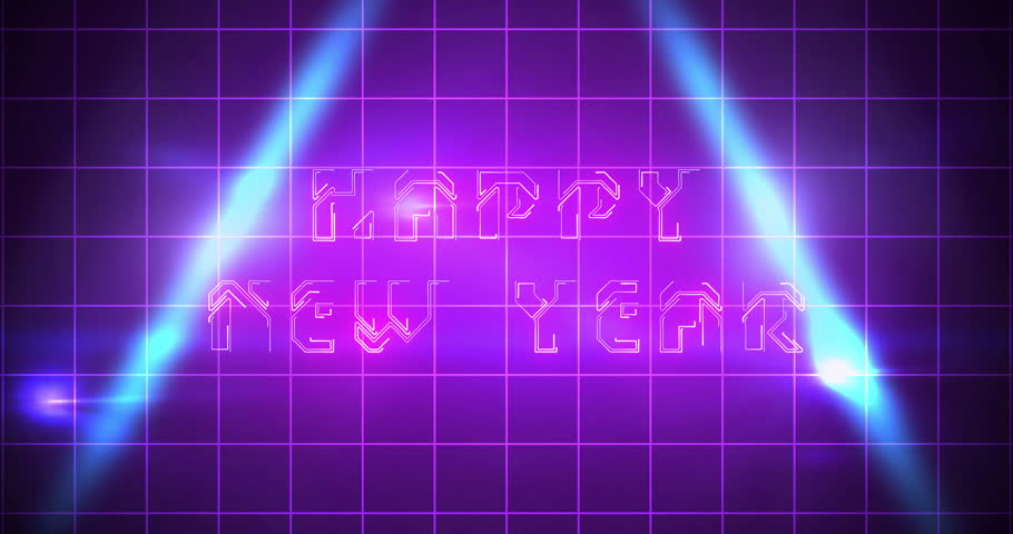 Techno style corporate structure wishing HAPPY NEW YEAR neon bg 4K. Light shimmering light-leaks glowing grid club retro themed animation. Joyful welcome animation 2026 luxurious royal bg seasonal.
