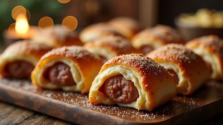 A detailed 4K view of a batch of freshly baked, golden brown mini sausage rolls, a popular savory pastry snack.