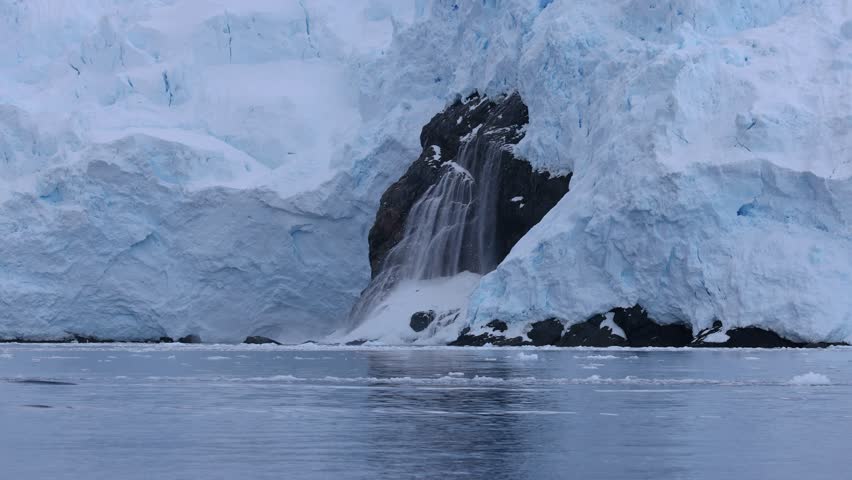 Real time shot of narrow waterfall streaming down dark coastal cliff surrounded by blue white glacier ice in Antarctica, with calm ocean foreground dotted by small pieces of floating sea ice and snow.