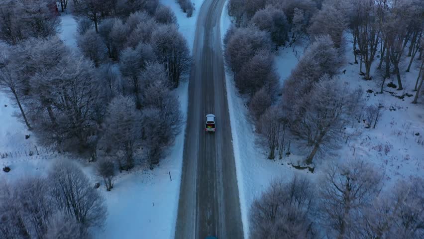 Tracking shot of pickup truck driving along snow covered Ruta J near Almanza in Tierra del Fuego, Patagonia, Argentina, bordered by frosted winter woodland and open white fields