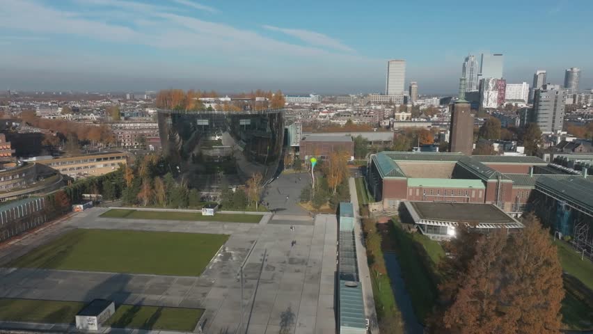 Aerial Drone View of Rotterdam Cityscape with Depot Boijmans Van Beuningen Museum, Netherlands