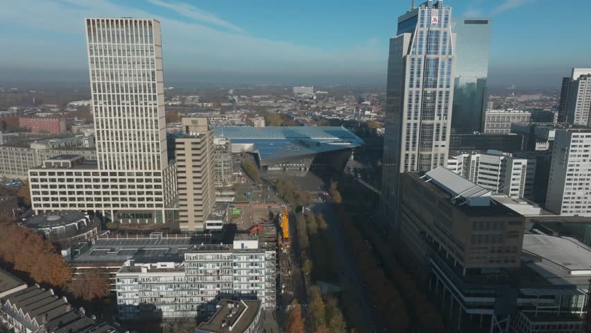 Aerial Drone View of Rotterdam Central Station with Millennium Tower Netherlands
