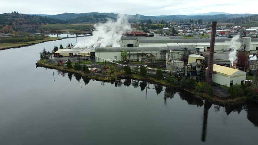 US, WA, Raymond, 2025-10-28 - Drone view of the Weyerhauser Lumber plant along the Willipa River
