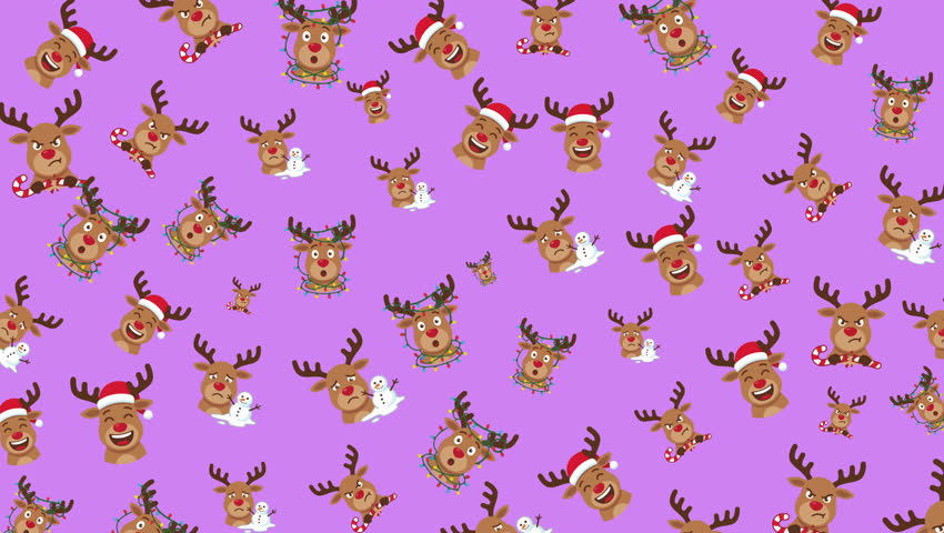 Cute reindeer heads with festive expressions, candy canes, snowmen, and holiday lights arranged in a seamless looping Christmas pattern on a bright purple background.
