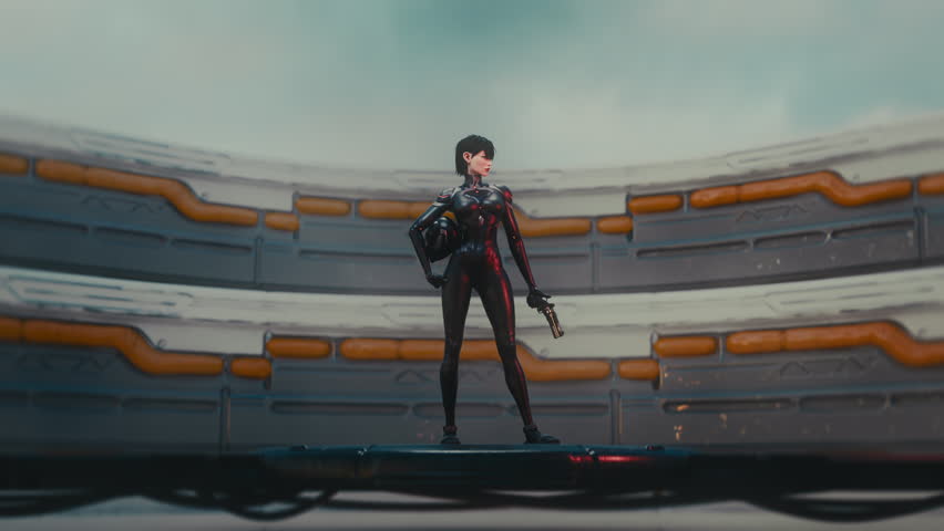 3d animation. Female pilot in black cyber suit on bridge holds pistol and helmet. Behind her a majestic mech rises on a lift in huge sci-fi hangar with sky view. Epic mecha war concept art render.