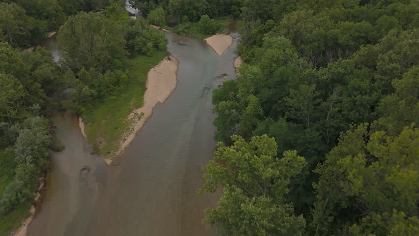 Lush Forest And Creek Towards The Lake Eucha Park In Delaware County, Oklahoma, USA. Aerial Drone Shot