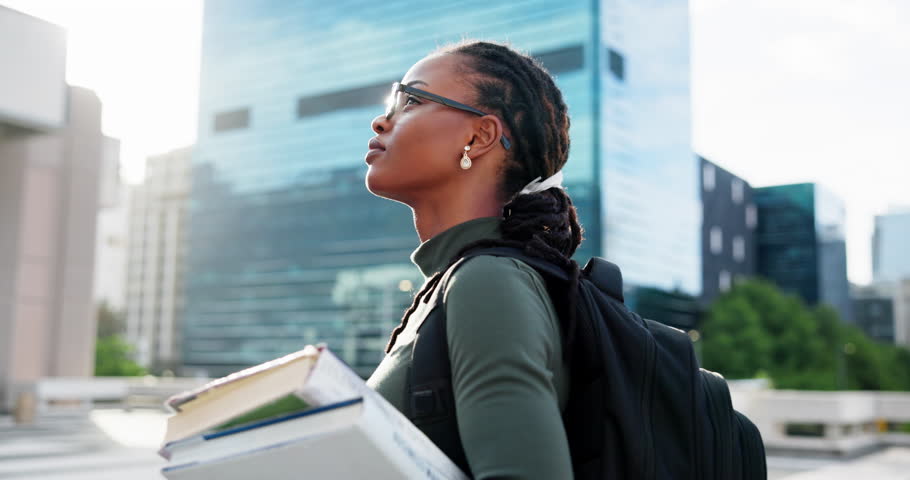 Thinking, student and woman with glasses, city or happy for opportunity with scholarship and future. Outdoor, reflection and black person with financial aid for university, knowledge and education