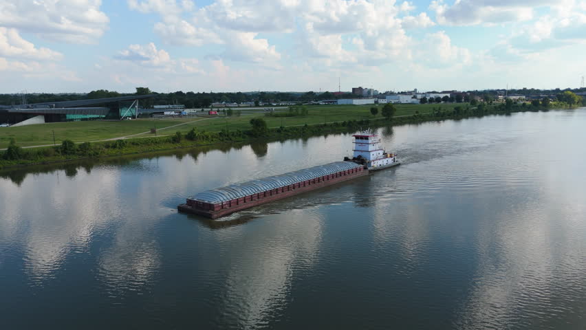 Towboat Over Arkansas River Near United States Marshals Museum In Fort Smith, Arkansas, USA. Aerial Shot